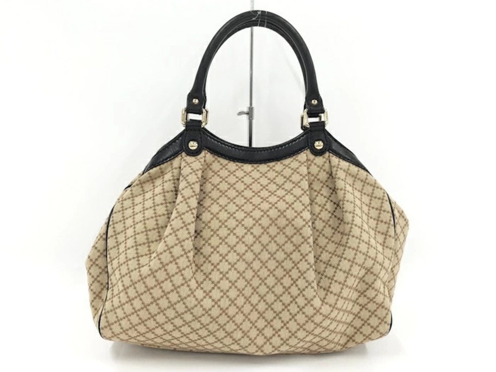Gucci Sukey Handbag Beige Leather Black Diamante Canvas Tan Black
